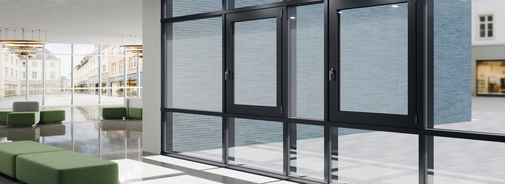 Moderner Empfangsbereich mit Aluminiumfenstern Moderner Empfangsbereich mit großen Aluminiumfenstern und grünen Sitzbänken