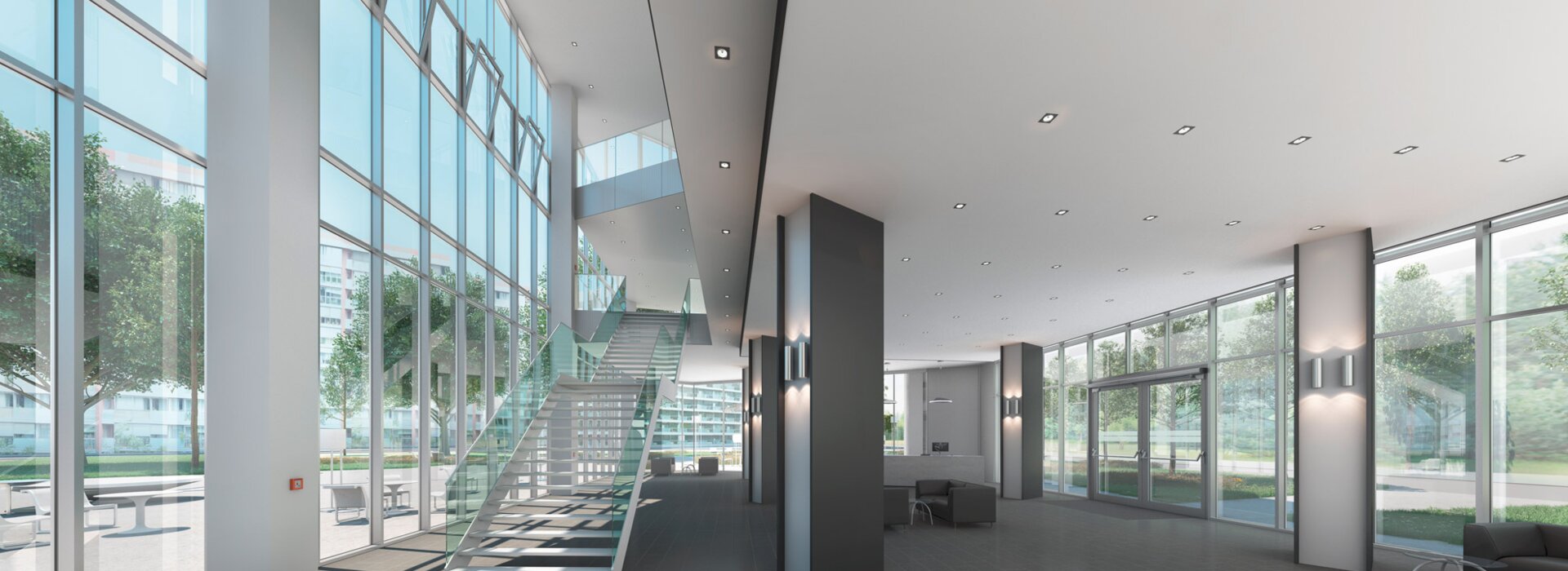 Moderne RWA-Anlage im hellen Bürogebäude-Eingang RWA-Anlage im modernen, lichtdurchfluteten Eingangsbereich eines Bürogebäudes mit Glasfassade und Treppe