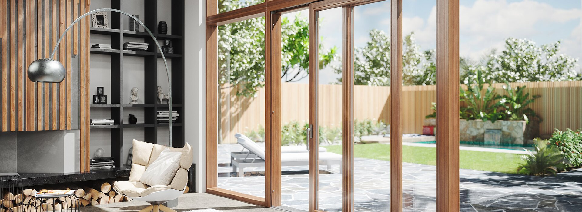 Moderner Wohnraum mit großer Holz-Hebeschiebetür Moderner Wohnraum mit großer Hebeschiebetür aus Holz und Gartenblick