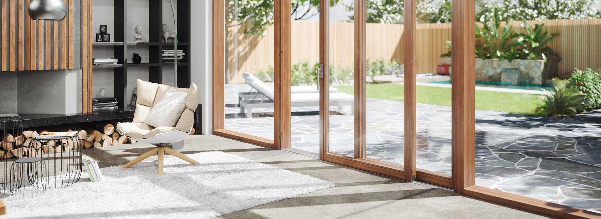 Moderner Wohnraum mit großer Holz-Hebeschiebetür Moderner Wohnraum mit großer Hebeschiebetür aus Holz und Gartenblick