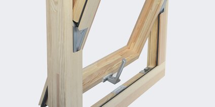 Fenster mit UNITAS Schwingbeschlag in Offenstellung Holzfenster mit UNITAS Schwingbeschlag in Offenstellung