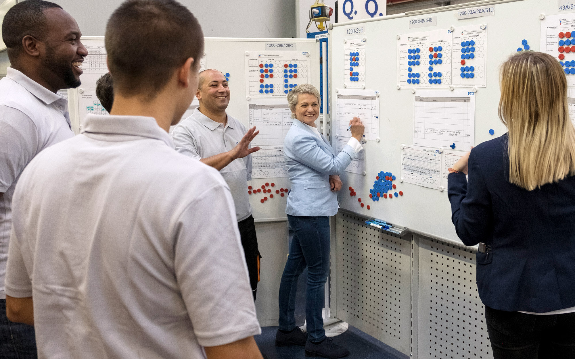Teammeeting vor Planungstafeln Teammeeting mit Analyse und Planung an Übersichtsboards