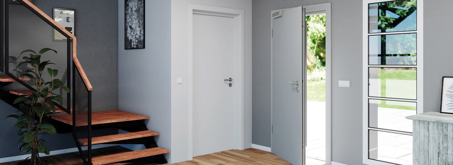 Moderner Eingangsbereich mit Holztreppe und Fenster Moderner Eingangsbereich mit Holztreppe, weißer Tür und großem Fenster für natürliches Licht