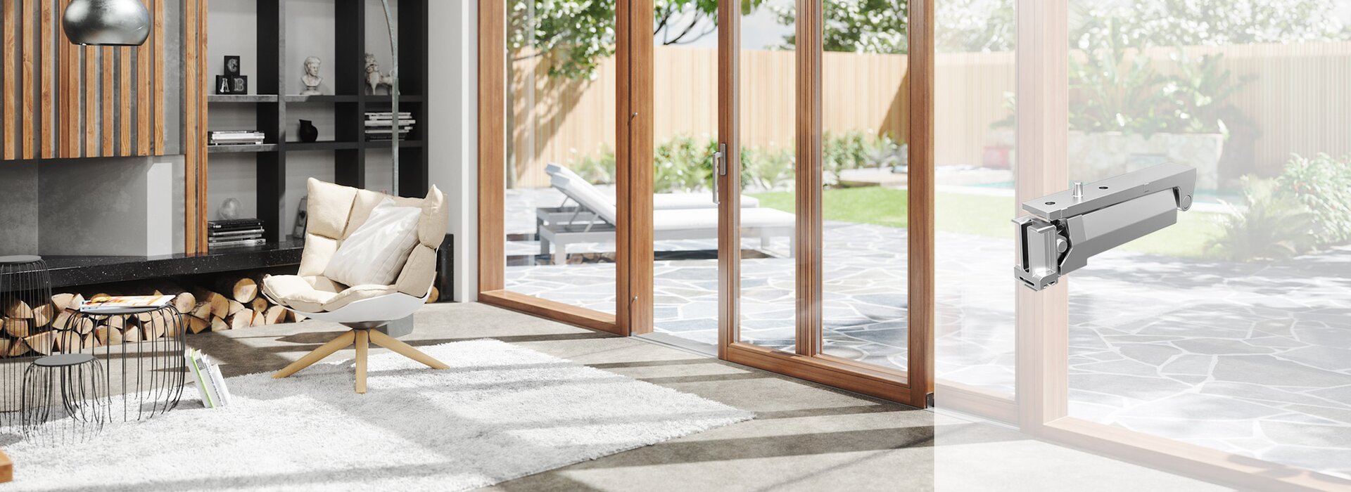 Modernes Wohnzimmer mit Hebeschiebe-Element Modernes Wohnzimmer mit Hebeschiebe-Element und gemütlicher Leseecke