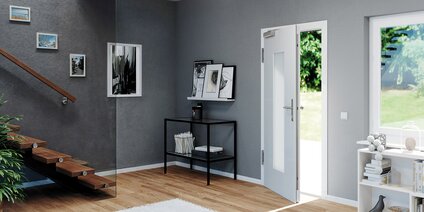 Hauseingangstür mit GU SECURY Automatic, Tür offen Hauseingangstür aus Kunststoff mit Verschlusssystem GU SECURY Automatic, Tür geöffnet