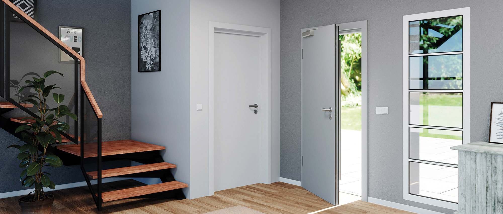 Moderner Eingangsbereich mit Holztreppe und Fenster Moderner Eingangsbereich mit Holztreppe, weißer Tür und großem Fenster für natürliches Licht