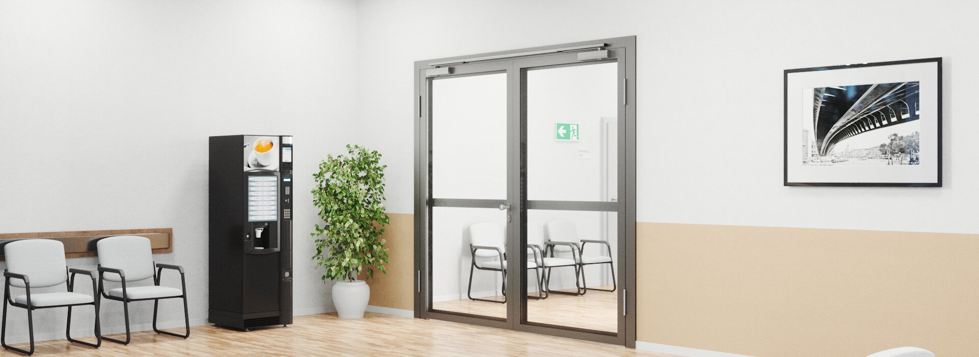 Zweiflügelige Tür mit Türschließer OTS 634x Wartebereich einer öffentlichen oder medizinischen Einrichtung mit zweiflügeliger, geschlossener Rohrrahmentür mit Türschließer OTS 634x