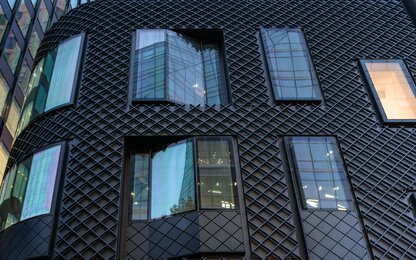 Moderne Gebäude Fassade mit Gitter und Fensterdesign Schwarze Fassade mit Fenster und Gitter