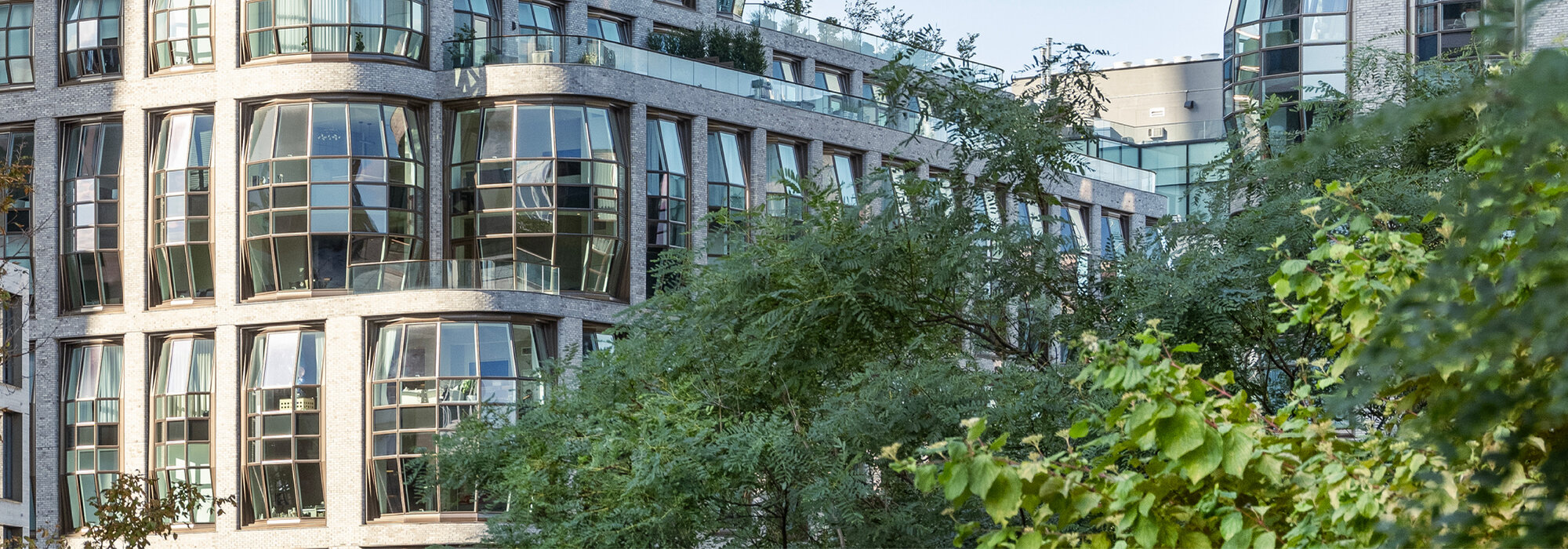 Modernes Gebäude mit gebogenen Glasfenstern Gebäude mit Glasfassade und grünem Vordergrund
