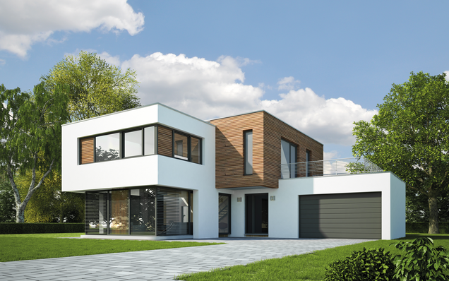 Modernes Einfamilienhaus mit Holzfassade und Garage Modernes zweistöckiges Einfamilienhaus mit weißem Putz, Holzfassade und großzügiger Garage unter blauem Himmel