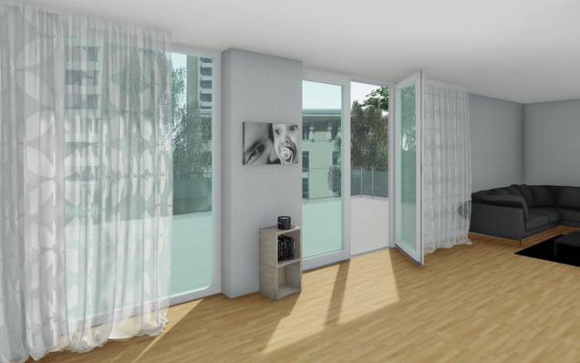 Modernes Wohnzimmer mit Balkontür Offene Balkontür in modernem Wohnzimmer mit Holzfußboden