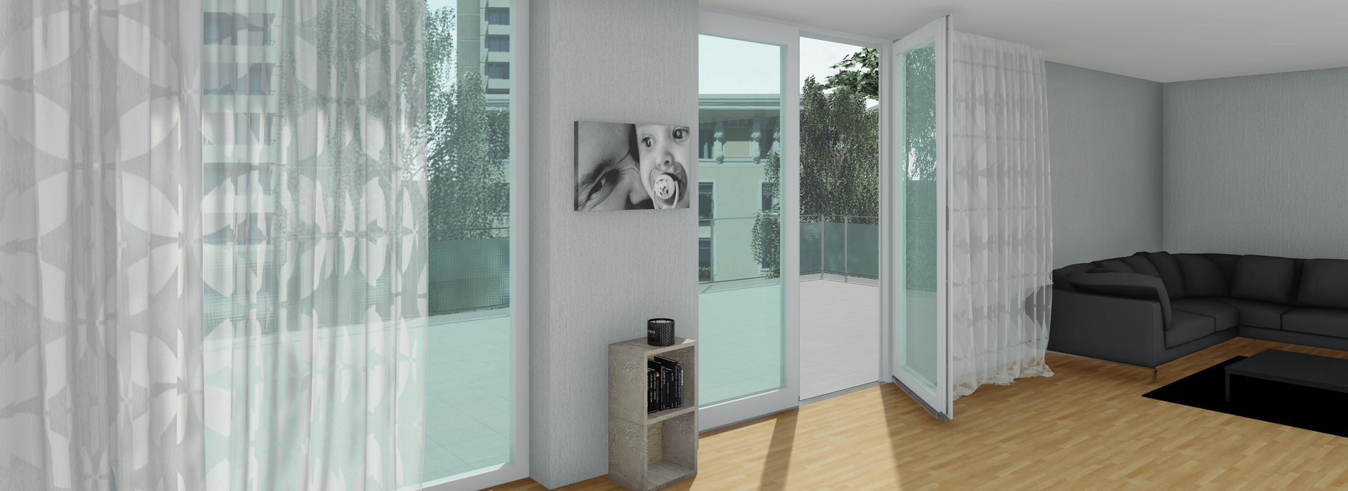 Modernes Wohnzimmer mit Balkontür Offene Balkontür in modernem Wohnzimmer mit Holzfußboden
